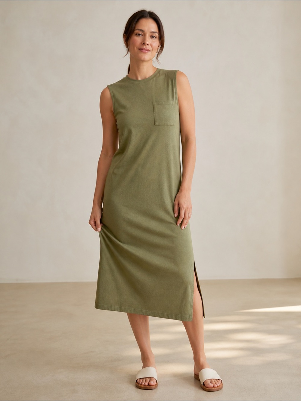 PACT ORGANIC SLEEVELESS OLIVE GREEN MIDI DRESS SIZE LARGE